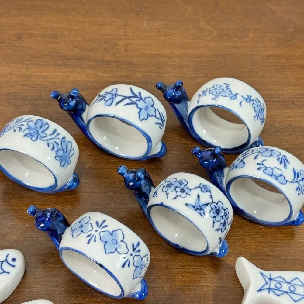 Snail Napkin Rings and Fish Knife Rests Set of 6 each Blue White New in Box